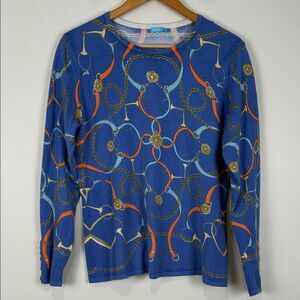 J. McLaughlin Large Lenny Stirrup Equestrian Chain Pattern Sweater Knit Blue